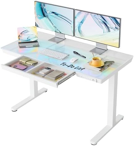 HUANUO Glass Standing Desk with Drawers, 48 X 24 Inch Electric Adjustable Height Desk, Quick Install One-Piece Tabletop with USB Charging Ports, White by HUANUO