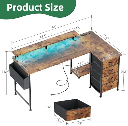 VERMESS 63" Reversible L Shaped Gaming Computer Desk, Corner Desk with Power Outlets & Monitor Stand, Writing Study Table with 4 Storage Drawers, Desk with LED Lights, Rustic Brown - Image 3