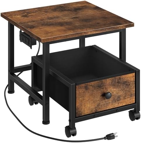 HOOBRO Mini Fridge Stand with Non-Woven Storage Basket and Power Outlet, Mini Fridge Cabinet with Wheels and Adjustable Feet, Mobile Fridge Shelf, for Home, Apartment, Dorm, Rustic Brown FB355UBX01 by HOOBRO