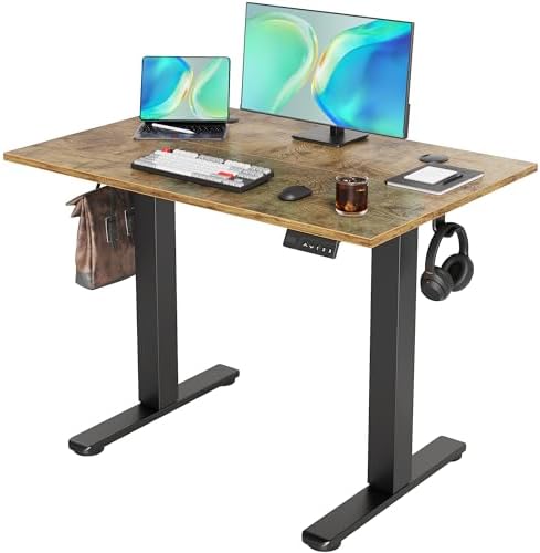 Seang Electric Standing Desk Adjustable Height, 40 x 24 Inch Sit Stand Desk with T-Shaped Frame, 3 Memory Presets & Cable Management for Home Office Computer Workstation, Black Frame/Rustic Brown Top by Seang