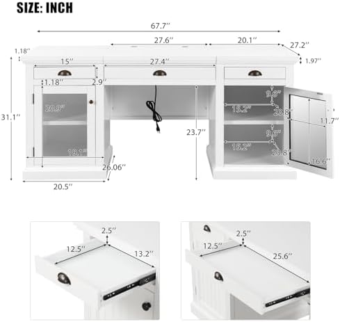 67" Large Executive Office Desk, Modern White Wood Office Computer Desk, Rectangle Home Office Desk with 2 Wooden Doors Storage Cabinet and 3 Drawers, Writing Table,Workstation (White+Glass, 67") - Image 2
