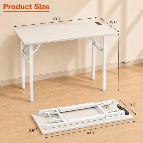 Folding Table Computer Desk - 43.3" No Assembly Folding Desk with Power Outlets & USB Charging Port, Small Desk, Foldable Office Desk, Compact Storage Portable Use for Small Space, White Ash - Image 3