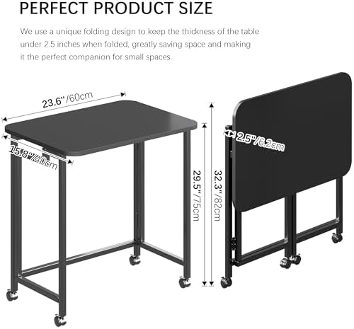 JSB Folding Desk for Small Spaces,Mobile Portable Rolling Laptop PC Table on Wheels,Foldable Computer Desk for Home Office,Bedroom,Dorm,Space Saving (All Black, 23.6") - Image 2