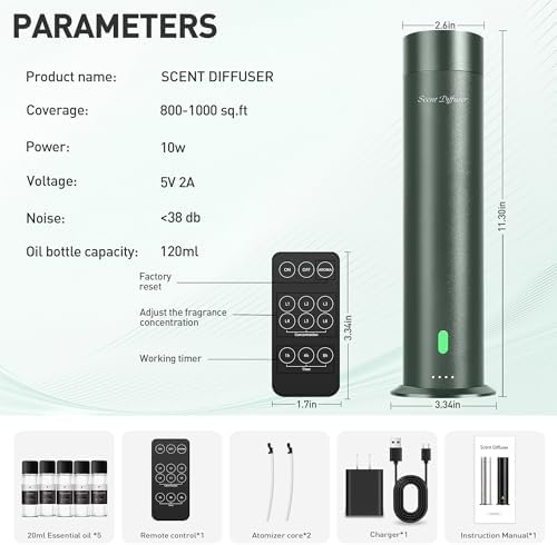 Waterless Diffuser Starter Kit with 5 Scent Oils - Cold Air Diffuser Machine for Home, Hotels and Large Room, 1000 Sq.Ft Coverage Hotel Scent Essential Oil Diffuser, Remote Control, 4.05 Oz, Green-N - Image 7