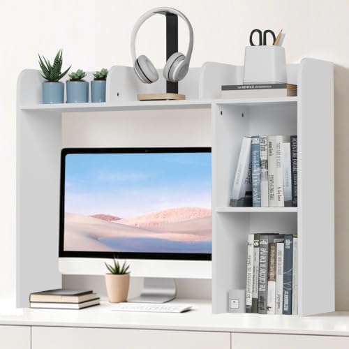 Desk Hutch Dorm White, 3-Tire Wood Desk Shelf Storage Organizer for Office Home by STORENIZATION