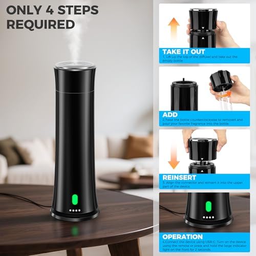 Waterless Scent Diffuser Kit — Covers 1,500 sq. ft. Suitable for Large Rooms, Home, Offices, and Hotels. Includes Five Essential Oils and Remote Control. Black - Image 4