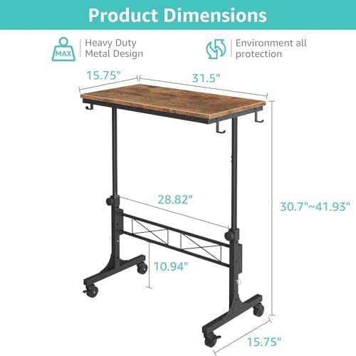 Small Portable Rolling Standing Desk - 32 Inch Adjustable Height Mobile Stand Up Desks with Wheels for Treadmill Walking Pad, Teacher Podium for Classroom, Couch Sofa Side Laptop Table, Rustic Brown - Image 3