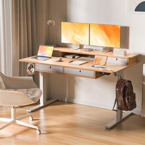 55 x 30 Inch Electric Standing Desk with 4 Drawers, Natural - Image 2
