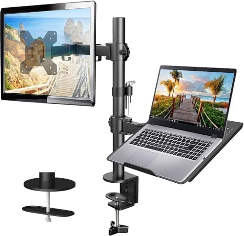 HUANUO Adjustable Monitor Arm with Laptop Tray, Single Desk Mount for 13-32" VESA Monitors up to 22 lbs, 14" x 12" Laptop Tray by HUANUO
