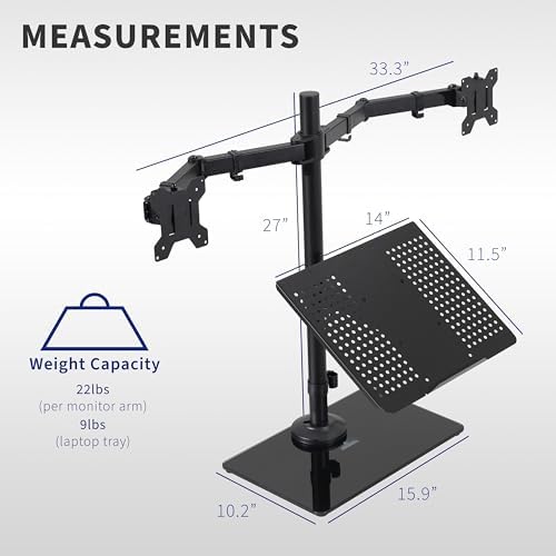 VIVO Freestanding Dual Computer Monitor and Laptop Combo Desk Stand with Glass Base, Fits up to 32 inch Monitors and 17 inch Laptops, Black, STAND-V003FGL - Image 3