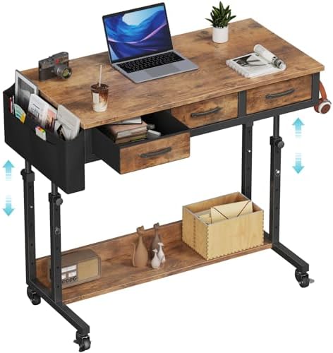 WINAZ Rolling Standing Desk Adjustable Height with Drawers on Wheels, 40 Inch Portable Mobile Stand Up Computer Desks for Bedroom Home Office, Couch Sofa Side Laptop Table with Storage, Rustic Brown by Unknown