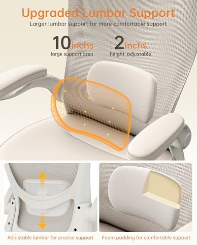 MUXX.STIL Office Chair, PU Leather Ergonomic Desk Chair with Adjustable Lumbar Support and Flip up Armrest, Breathable Mesh Computer Chair for Home Office, Khaki - Image 4
