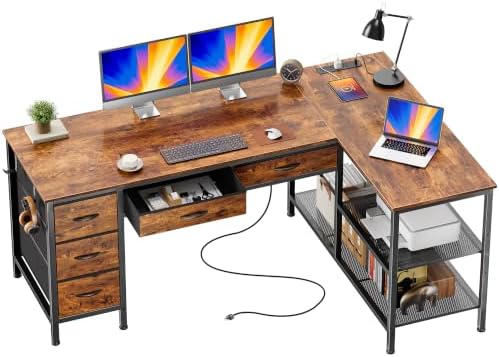 PRAISUN 55 Inch L Shaped Desk with Power Outlets, 5 Fabric Drawers by PRAISUN