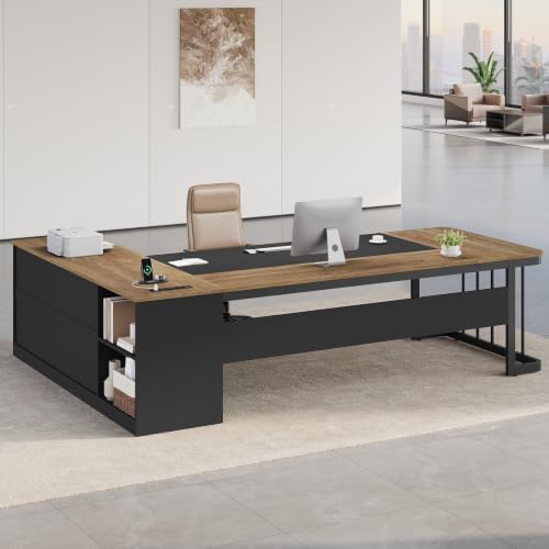 UPOSOJA 78.7" Executive Desk, Large Office Desk with Drawers & Storage Shelves, Modern L Shaped Computer Desk Corner Desk with Power Outlets, File Cabinet, Business Furniture Desk Workstation (Oak) - Image 5