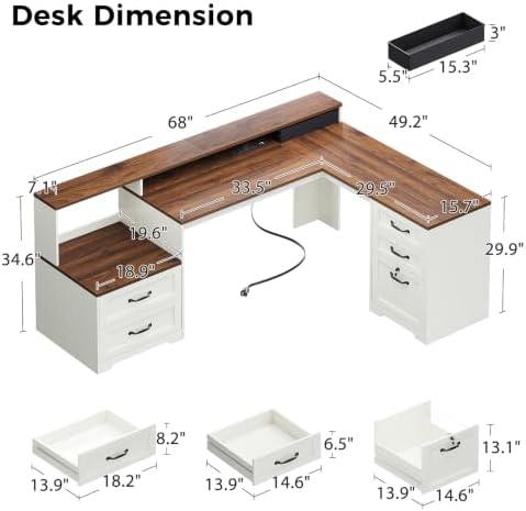 OffiGo Farmhouse 68 Inch L Shaped Executive Desk with Drawers, Walnut+White - Image 2
