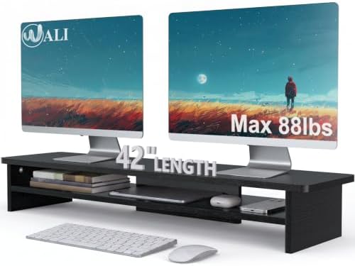 WALI 42 inch Large Wood Dual Monitor Stand Riser with Storage, up to 88lbs by WALI