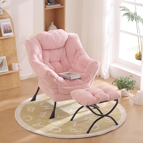 Furlide Lazy Chair with Ottoman, Comfy Plush Reading Chair for Bedroom，Pink by Furlide