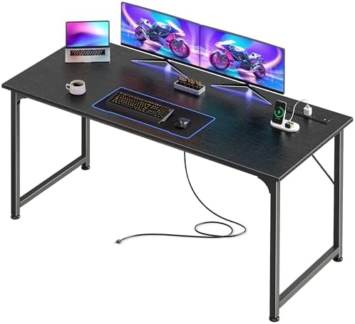 PRAISUN 55 X 20 Inch Computer Desk, Power Outlets, USB-C, Black by PRAISUN