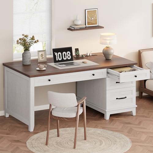 Garvee 53.5" Wooden Home Office Desk with File Drawers, Executive Desk with Power Outlet, Farmhouse Wood Desk with Storage, Distressed Study and Work Table, Rustic White by Garvee