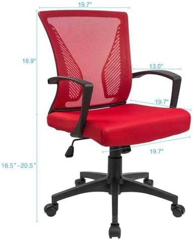 Furmax Office Chair Ergonomic Computer Desk Mesh Chair Mid Back Swivel Lumbar Support with Armrest (2, Red) - Image 3
