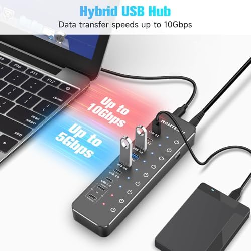 RSHTECH 10-Port 66W Powered USB C/USB 3.2 Hub 10Gbps for Data & PD Charging - Image 3