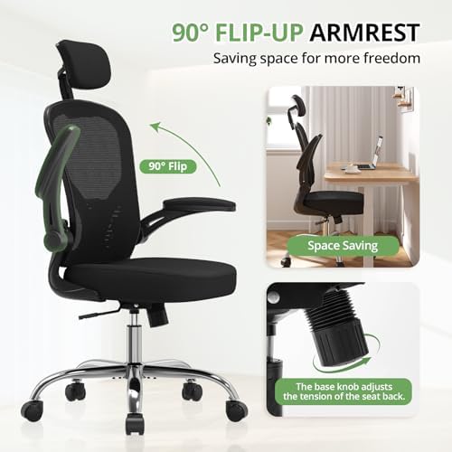 Office Chair Ergonomic Desk Chair, 330LBS Capacity, High Back Computer Chair for Long Hours Comfortable, Rolling Swivel Executive Task Chair for Home Office with Flip-up Armrests, Black Black-Chrome - Image 6