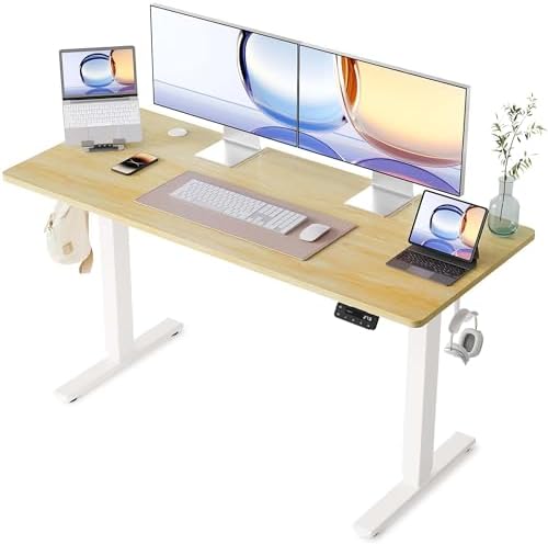 YIHAYO Electric Standing Desk, 55 x 24 Inches Stand Up Desk with Splice Board, Adjustable Height Desk, Computer Desk for Home Office, White Frame/Natural Top by YIHAYO