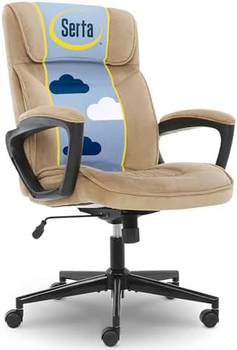 Serta® Hannah Executive Home Office Desk Chair, Ergonomic Mid-Back with Lumbar Support, Firm Seat Cushion, Layered Body Pillows, Padded Armrests, Swivel Base, Easy Assembly, Microfiber, Beige by Serta