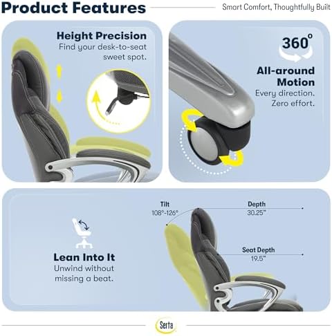 Serta Bryce Executive Office Chair - Ergonomic Computer Desk Chair with Patented AIR Lumbar Technology - Adjustable Height - Memory Foam Body Pillows - 360° Swivel Rolling Base - Bonded Leather - Gray - Image 6