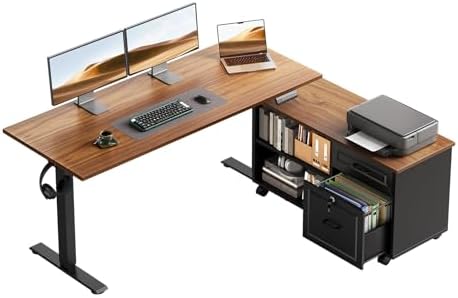 OffiGo 48" L Shaped Electric Standing Desk with Cabinet Sets, Walnut/Black by OfficeGo-ForHomeOfficeWork