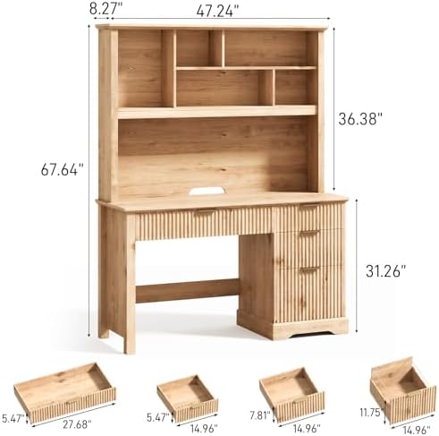 Vabches Fluted Executive Desk with Drawers, Wood Computer Desk with Ample File Drawer, Home Office Desk with Hutch for Study, Bedroom, Living Room, Oak - Image 2