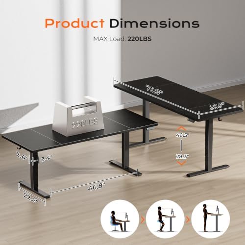Huuger 71 x 30 Large Electric Standing Desk, Height Adjustable Computer Desk, 29.5" Deep Desktop, Stand up Gaming Office Table with 2 Hooks, 3 Preset Heights, for Home Office, Black - Image 2
