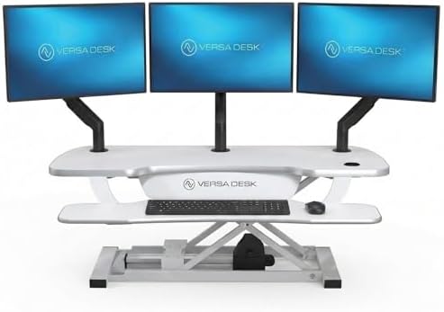 VERSADESK PowerPro 40 Inch Electric Standing Desk Converter – Push-Button Height Adjustable Sit to Stand Desk Riser for Triple Monitors & Laptop – Motorized Desktop Workstation with Wide Keyboard Tray by VERSADESK