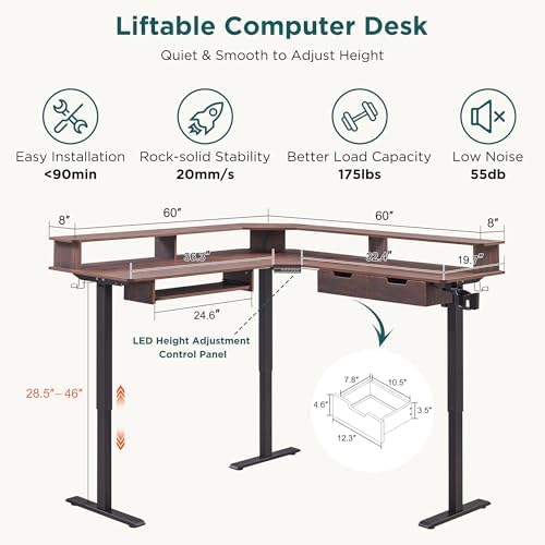 RedLemon 60 Inches L Shaped Electric Standing Desk 2 Tier, Dark Walnut - Image 2