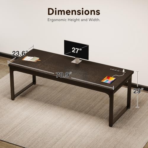 Coleshome 71 Inch Long Computer Desk with Power Outlet, Thicker Desktop & Legs, Large Heavy Duty Office Desk for Home Office & Gaming, Black - Image 3