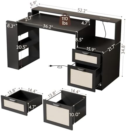Farmhouse Computer Desk with Drawers and Power Outlets, 60” Home Office Desk with Adjustable File Drawer, Cat Scratching Pad, Printer Stand, Shelves & Monitor Riser, Black - Image 2