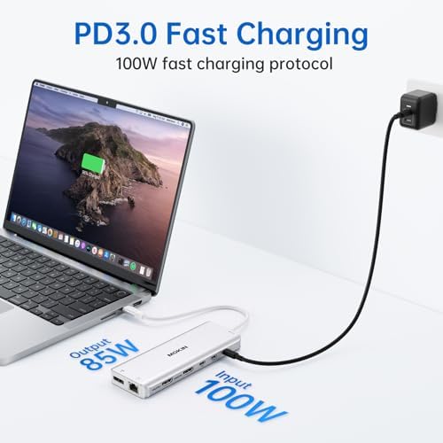 USB C Laptop Docking Station Dual Monitor Dual HDMI 4K DP Triple Display Hub, 13 in 1 MOKiN USB C Hub with 3 Monitors, DisplayPort, USB 3.1, RJ45, 100W PD, Card Reader, Audio/Mic, for Dell HP, Sliver - Image 4