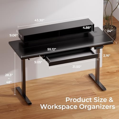GTPLAYER Electric Standing Desk with Drawers, 55 x 24 Inch Height Adjustable Gaming Desk with Monitor Stand, Power Outlets & LED Lights, Home Office Sit Stand Up Desk with Memory Preset (Ebony Black) - Image 2