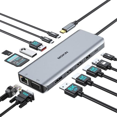 USB C Docking Station 4 Monitors 13 in 1, Dual HDMI+8K DP+VGA, 10Gbps, 100W PD, 6 USB C/A Ports, Ethernet, SD/TF, MOKiN Laptop Docking Station for MacBook/Dell/HP/Surface by MOKiN
