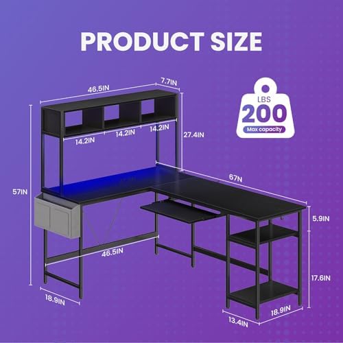 DUMOS 67" L Shaped Gaming Desk, Reversible Computer Desks with LED Lighting - Image 3