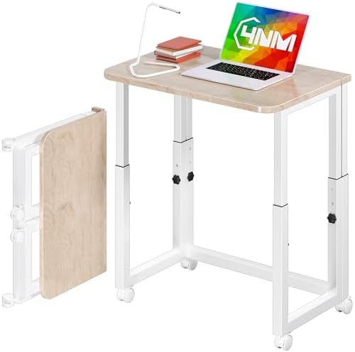 4NM No Tool Assembly 23.6" Small Desk, Folding Portable Desk with Wheels, Adjustable Height Foldable Computer Home Office Desks, Collapsible Study Writing Table for Space Saving Bedroom - Cloud Oak by 4NM