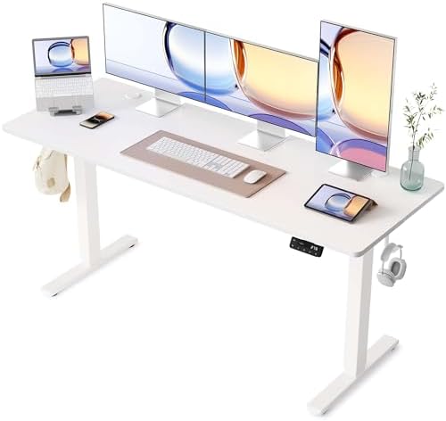 YIHAYO Electric Standing Desk, 63 x 24 Inches Stand Up Desk with Splice Board, Adjustable Height Desk, Computer Desk for Home Office, White Frame/White Top by YIHAYO