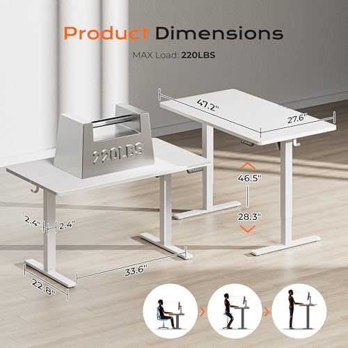 Huuger 48 x 28 Large Electric Standing Desk, Height Adjustable Desk, 27.6" Deep Desktop, Stand up Gaming, 2 Hooks, 3 Preset Heights, for Home Office, White - Image 2
