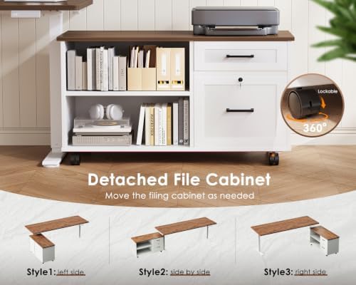 OffiGo 63" L Shaped Electric Standing Desk with Cabinet Sets, Walnut/White - Image 5