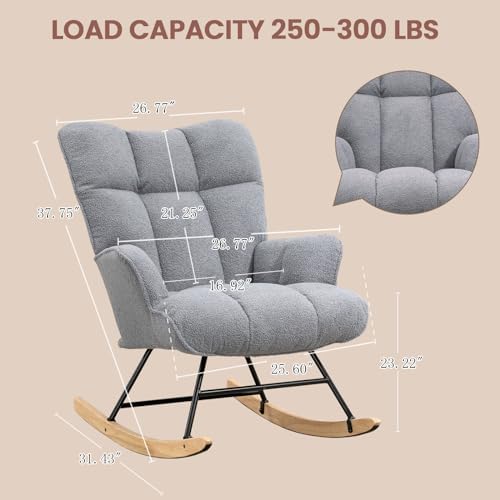 SAETSFEG Rocking Chair Nursery Teddy Upholstered Glider Rocker Rocking Accent Chair Padded Seat with High Backrest Armchair Comfy Side Chair for Living Room Bedroom Offices (Darkgrey Teddy) - Image 2