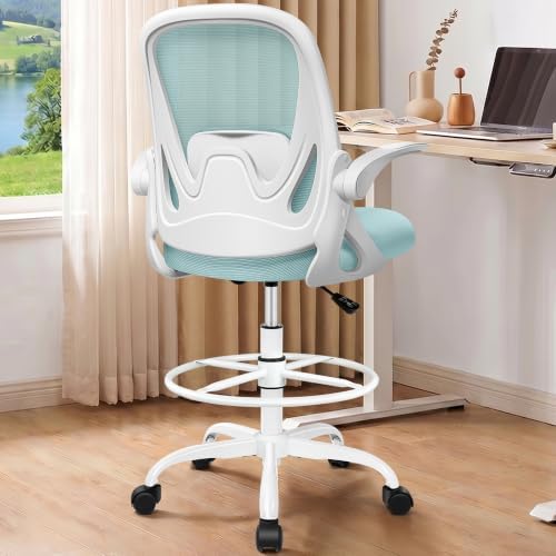 Drafting Chair Tall Office Chair with Flip-up Armrests, Adjustable Height, and Enhanced Lumbar Support - Ergonomic Rolling Stool, Back Support, and Adjustable Foot Rest Ring Light Blue - Image 2