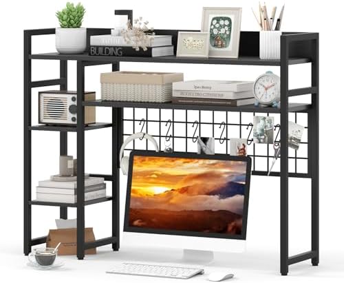 Tangkula Desktop Bookshelf for Computer Monitor Up to 32”, Countertop Storage Hutch with 4 Open Shelves, Grid Panel, 6 Hooks, Anti-tip Device, 4-Tier Desktop Shelves for Home Office Dorm, Black by TANGKULA