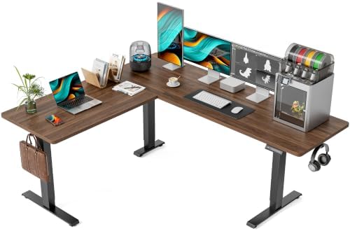 FEZIBO 75" x 63" L-Shaped Standing Desk - Adjustable Corner Desk L Shape, L-Shaped Adjustable Desk with Splice Board, L Shape Standing Desk, Black Walnut by FEZIBO