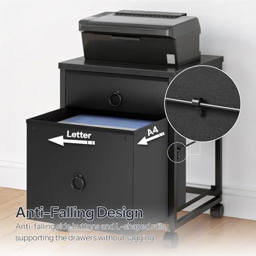 HOOBRO File Cabinet, 2-Drawer Vertical Mobile Office Cabinet, Rolling Printer Stand, for A4/Letter Size Files, Nonwovens Drawer, for Home Office, Black BB21WJ01 - Image 6