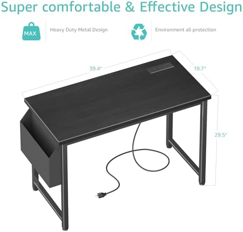 Lufeiya 39 inch Computer Desk with Power Outlet, 40 inch Teen Study Table Home Office Work Writing Desks with Charging Station Outlets Built in, Black - Image 3
